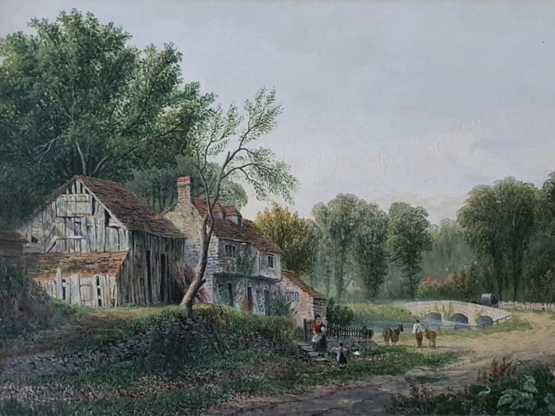 1835-Joseph Thors - Paesaggio inglese con un cottage vicino a un ponte